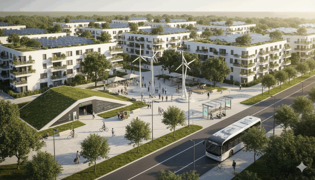 קהילה ירוקה עם מערכות אגירת אנרגיה וקישוריות תחבורה ציבורית חכמה