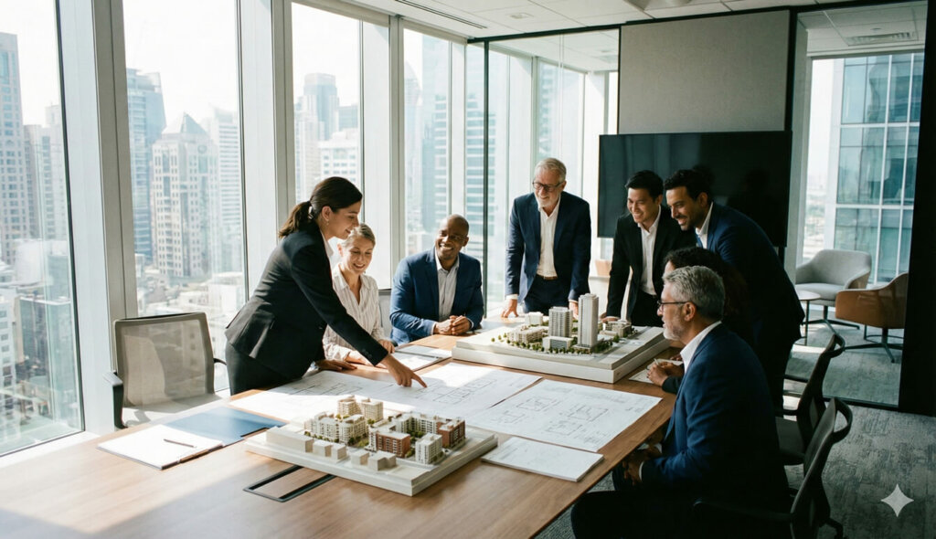 משקיעים בדיון בתכנית דיור משותפת - חדר ישיבות מודרני