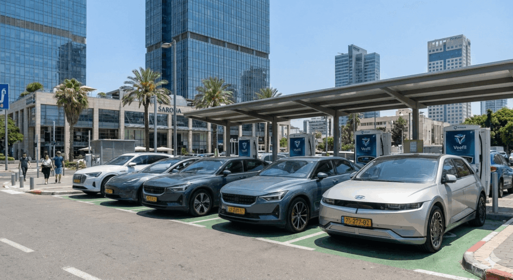 תחנת טעינה חשמלית בעיר ישראלית עם רכבים בני זמננו
