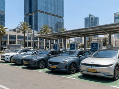 תחנת טעינה חשמלית בעיר ישראלית עם רכבים בני זמננו