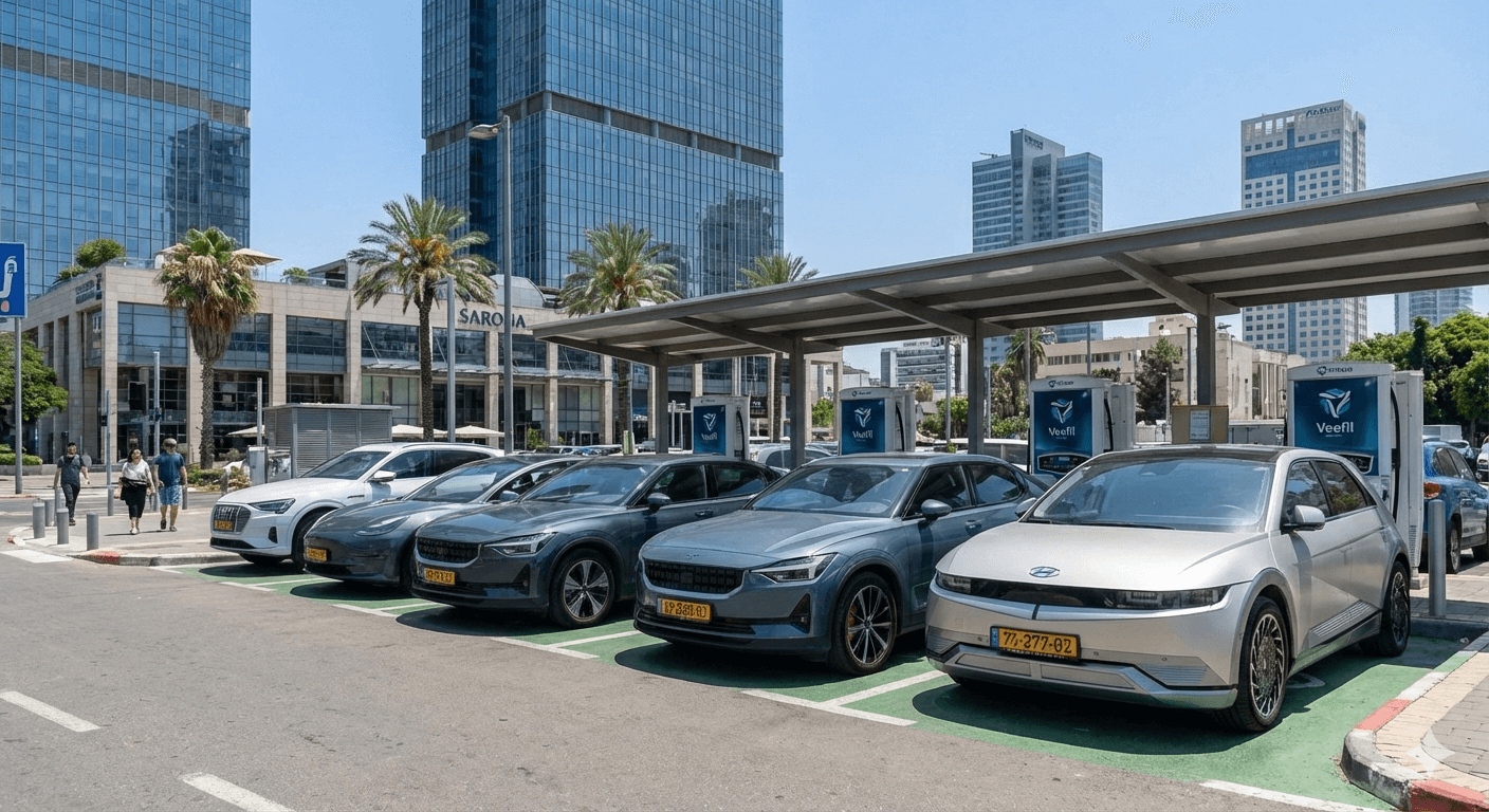 תחנת טעינה חשמלית בעיר ישראלית עם רכבים בני זמננו