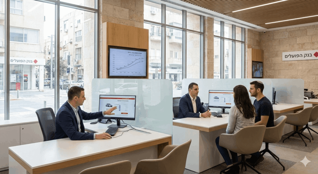 משרד בנק מודרני עם יועצי מימון וטכנולוגיה דיגיטלית