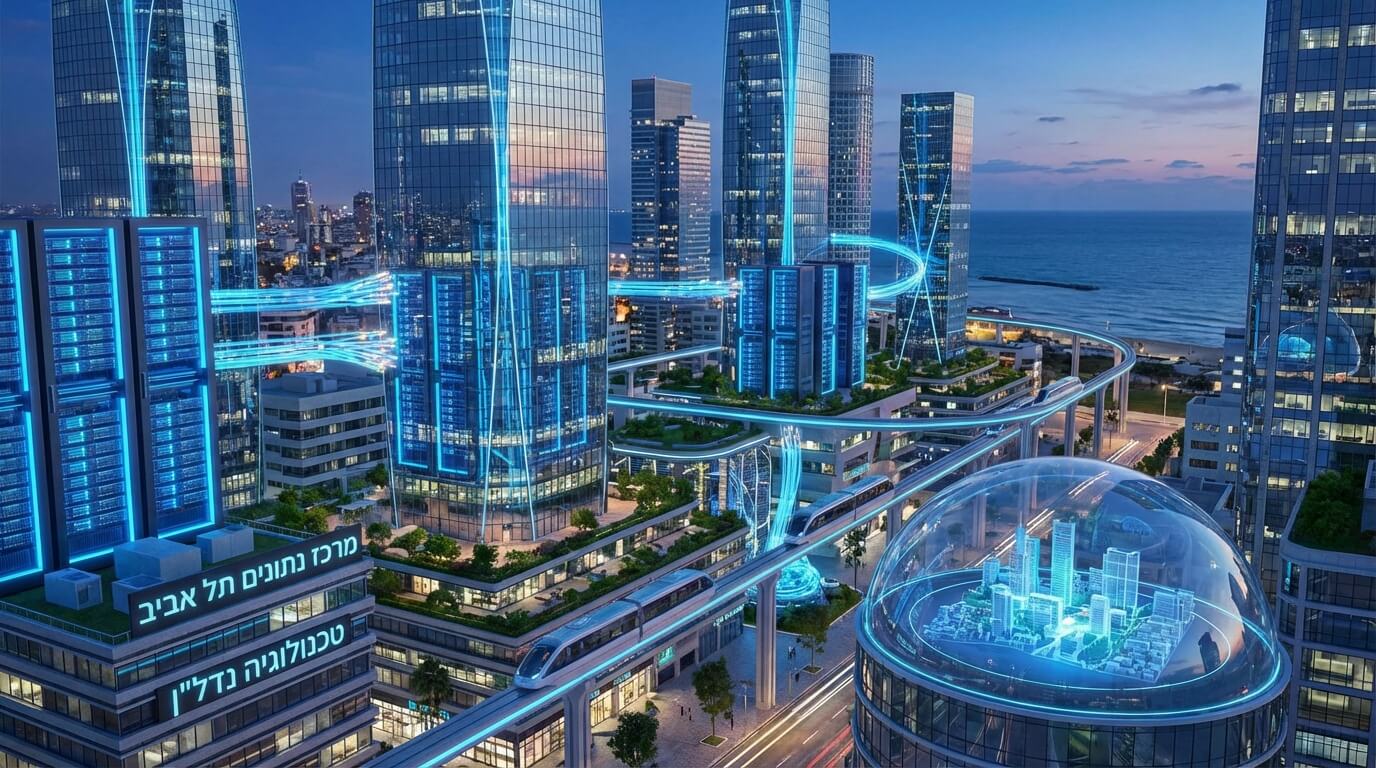 A futuristic depiction of data centers and skyscrapers in Tel Aviv, representing the convergence of real estate and high-tech infrastructure, Hebrew text on signs.