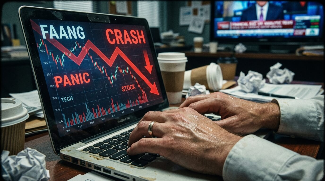 תמונה קרובה של ידיים מקלידות על מקלדת מחשב נייד עם גרפים של מניות יורדות במסך, המשקפת את המהומה בשוק הטכנולוגי