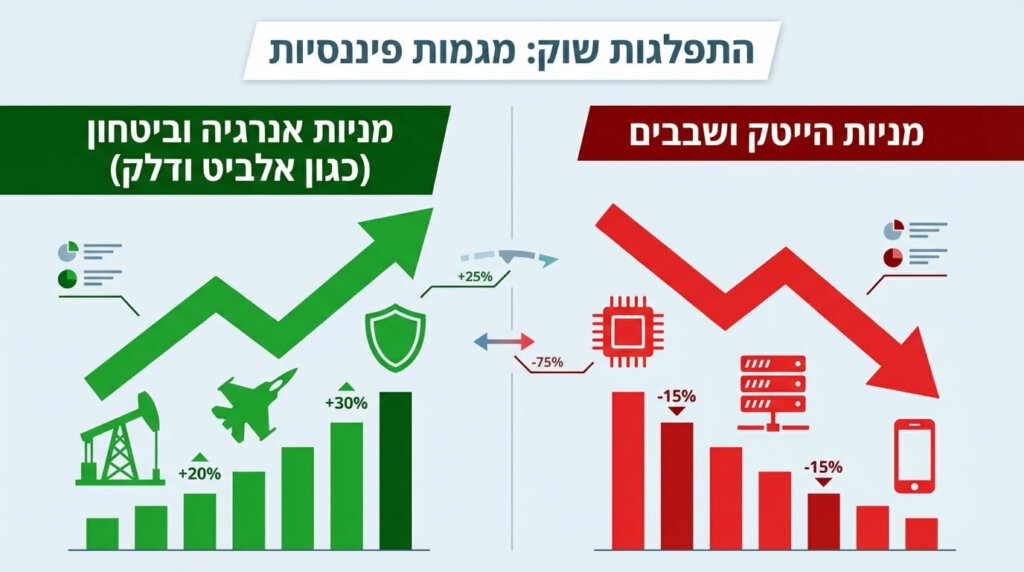פיצול ברור בשוק ההון הישראלי: ענפי הביטחון והאנרגיה מנצלים את המגמה, בעוד ענף הטכנולוגיה סופג מכה