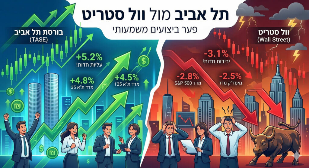 בעוד בורסת תל אביב ממשיכה לשבור שיאים, וול סטריט ושווקים מערביים אחרים חווים ירידות, מה שמעלה שאלות לגבי העמידות של הפער בין השווקים