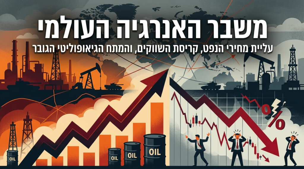 איור כתבה פיננסי עכשווי המציג עלייה במחירי הנפט, גרפים של בורסה בירידה חדה ורקע המרמז למתיחות גיאופוליטית. הטקסט בתמונה יהיה בעברית: משבר האנרגיה הגלובלי. (צילום: אילוסטרציה)