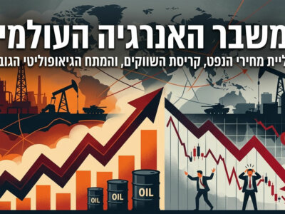 איור כתבה פיננסי עכשווי המציג עלייה במחירי הנפט, גרפים של בורסה בירידה חדה ורקע המרמז למתיחות גיאופוליטית. הטקסט בתמונה יהיה בעברית: משבר האנרגיה הגלובלי. (צילום: אילוסטרציה)