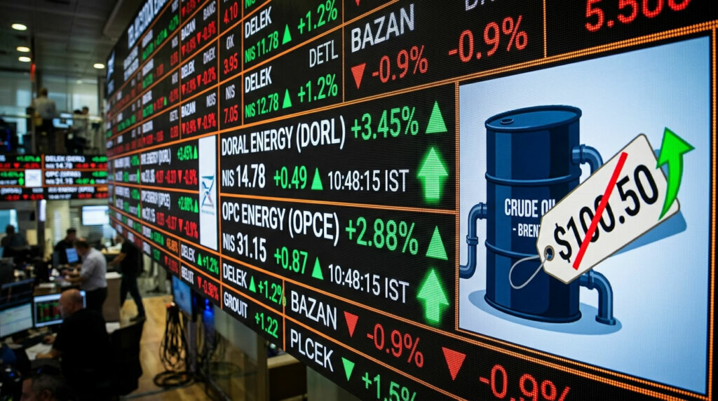 מסך המסחר בבורסה בתל אביב משקף את הזינוק במניות מגזר האנרגיה בעקבות עליית מחירי הגז והנפט העולמיים