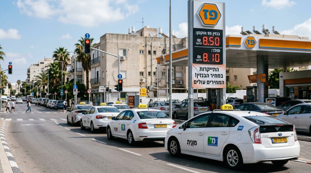 תחנת דלק ישראלית עם שלטי מחירים גבוהים לצד מוניות חדשות