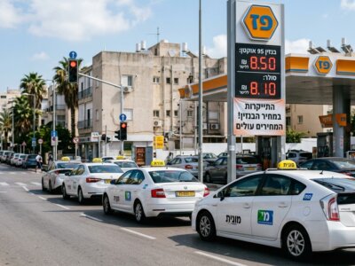 תחנת דלק ישראלית עם שלטי מחירים גבוהים לצד מוניות חדשות