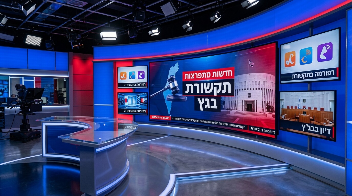 אולפן חדשות עם מסכי ענק המציגים את המהלכים האחרונים בענף התקשורת הישראלי - אילוסטרציה