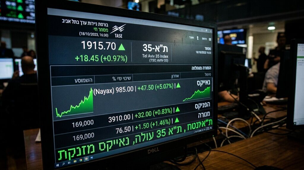מסכי הבורסה בתל אביב מציגים עליות במדדי הביטוח ובמניות הפינטק